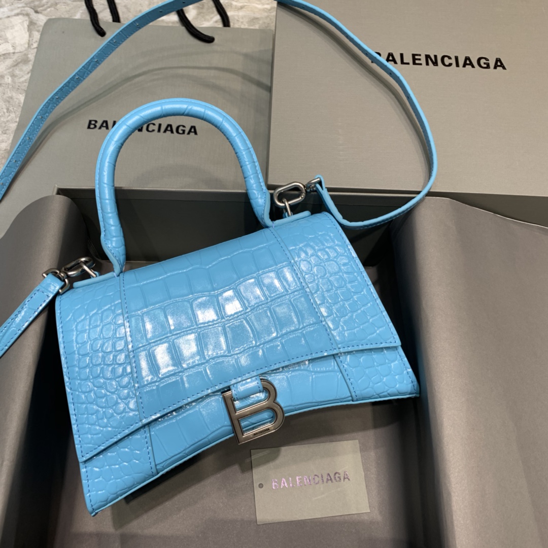 Balenciaga Hourglass Small Handbag Crocodile Embossed Shoulder Bag Sky Blue